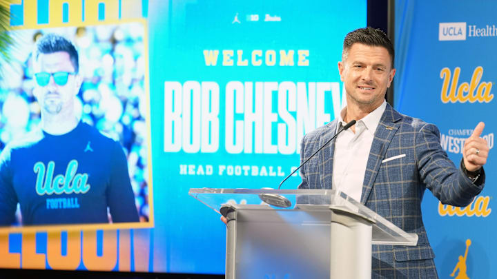 Dec 9, 2025; Los Angeles, CA, USA; Bob Chesney is introduced as UCLA Bruins football coach at press conference at Renee Luskin Conference Center Centennial Ballroom. Mandatory Credit: Kirby Lee-Imagn Images