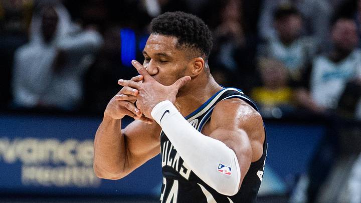Milwaukee Bucks forward Giannis Antetokounmpo (34) celebrates a basket in the second half against the Indiana Pacers at Gainbridge Fieldhouse on November 3, 2025.