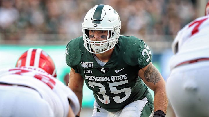 Sep 28, 2019; East Lansing, MI, USA; Michigan State Spartans linebacker Joe Bachie (35) prepares for the snap of the ball during the second half of a game against the Indiana Hoosiers at Spartan Stadium. Mandatory Credit: Mike Carter-Imagn Images Sep 28, 2019; East Lansing, MI, USA; Michigan State Spartans linebacker Joe Bachie (35) prepares for the snap of the ball during the second half of a game against the Indiana Hoosiers at Spartan Stadium. Mandatory Credit: Mike Carter-Imagn Images