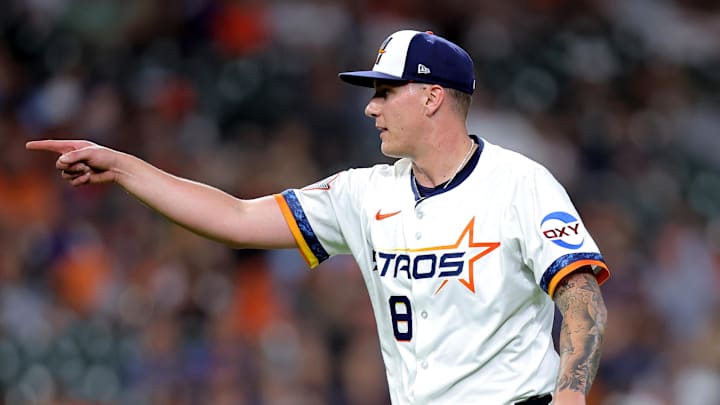 Apr 21, 2025; Houston, Texas, USA; Houston Astros starting pitcher Hunter Brown (58) reacts after a strikeout against the Toronto Blue Jays during the fifth inning at Daikin Park Apr 21, 2025; Houston, Texas, USA; Houston Astros starting pitcher Hunter Brown (58) reacts after a strikeout against the Toronto Blue Jays during the fifth inning at Daikin Park