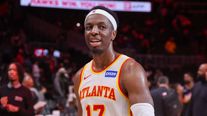 Onyeka Okongwu celebrates after a victory over the Phoenix Suns at State Farm Arena