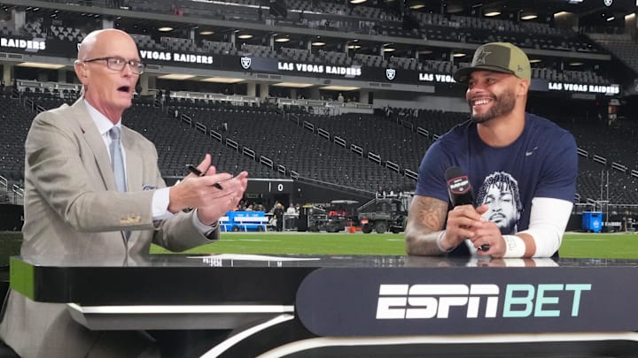 ESPN’s Scott Van Pelt on set with Dallas Cowboys quarterback Dak Prescott following a game against Las Vegas Raiders 
