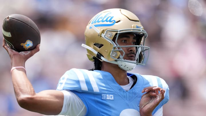 May 2, 2026; Pasadena, CA, USA; UCLA Bruins quarterback Nico Iamaleava (9) throws the ball during the spring game at Rose Bowl. Mandatory Credit: Kirby Lee-Imagn Images