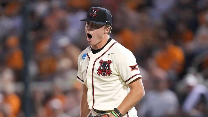 Cincinnati's Brandon Scheurer (13) celebrates after striking out a batter during a NCAA regional baseball game between the Tennessee Volunteers and Cincinnati Bearcats at Lindsey Nelson Stadium in Knoxville, Tenn., on May 31, 2025.