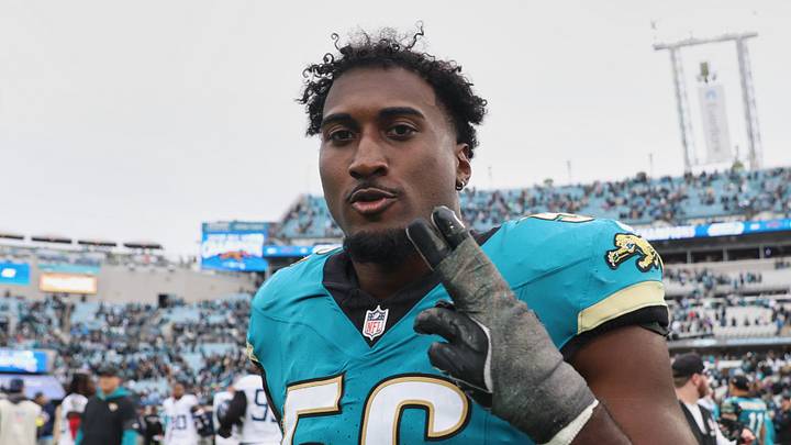 Jan 4, 2026; Jacksonville, Florida, USA; Jacksonville Jaguars linebacker Yasir Abdullah (56) reacts as he walks off the field after the game against the Tennessee Titans at EverBank Stadium. Mandatory Credit: Morgan Tencza-Imagn Images