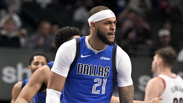 Jan 9, 2025; Dallas, Texas, USA; Dallas Mavericks center Daniel Gafford (21) celebrates during the game between the Dallas Mavericks and the Portland Trail Blazers at the American Airlines Center. Mandatory Credit: Jerome Miron-Imagn Images