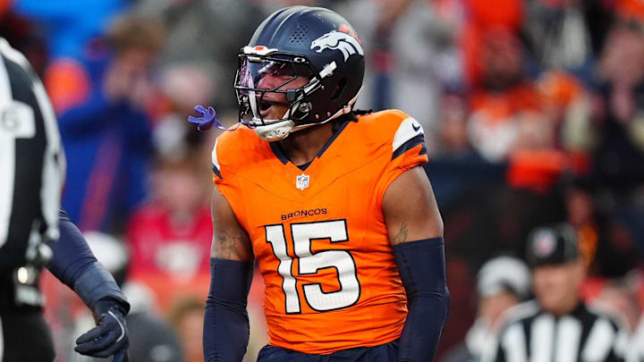Nov 17, 2024; Denver, Colorado, USA; Denver Broncos linebacker Nik Bonitto (15) celebrates his sack in the second half against the Atlanta Falcons at Empower Field at Mile High. Nov 17, 2024; Denver, Colorado, USA; Denver Broncos linebacker Nik Bonitto (15) celebrates his sack in the second half against the Atlanta Falcons at Empower Field at Mile High.