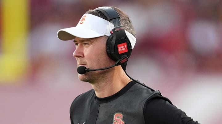 Aug 30, 2025; Los Angeles, California, USA; Southern California Trojans head coach Lincoln Riley watches from the sidelines against the Missouri State Bears in the first half at United Airlines Field at Los Angeles Memorial Coliseum. Mandatory Credit: Kirby Lee-Imagn Images Aug 30, 2025; Los Angeles, California, USA; Southern California Trojans head coach Lincoln Riley watches from the sidelines against the Missouri State Bears in the first half at United Airlines Field at Los Angeles Memorial Coliseum. Mandatory Credit: Kirby Lee-Imagn Images