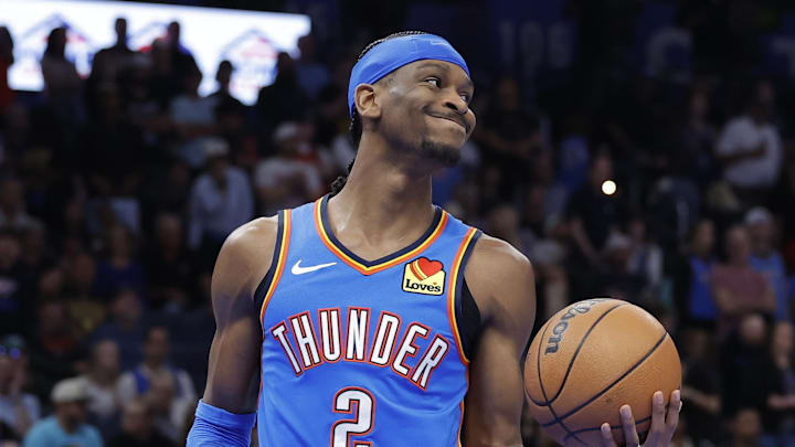 Mar 9, 2026; Oklahoma City, Oklahoma, USA; Oklahoma City Thunder guard Shai Gilgeous-Alexander (2) reacts after the Denver Nuggets score during the second quarter at Paycom Center. Mandatory Credit: Alonzo Adams-Imagn Images