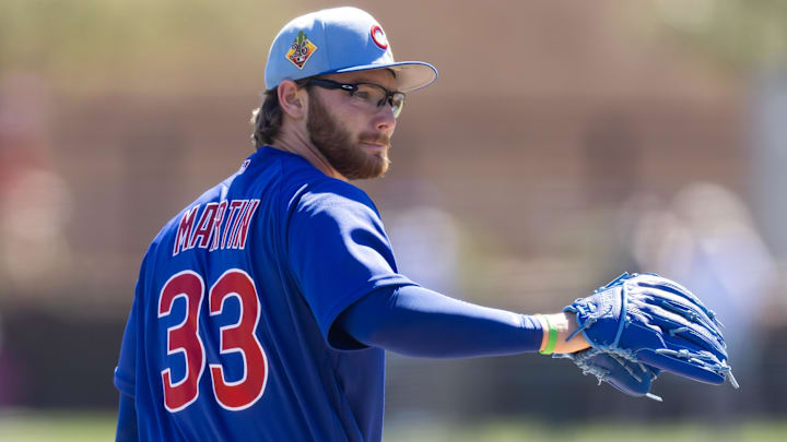 Mar 13, 2026; Phoenix, Arizona, USA; Chicago Cubs pitcher Riley Martin against the Chicago White Sox during a spring training game at Camelback Ranch-Glendale. Mandatory Credit: Mark J. Rebilas-Imagn Images