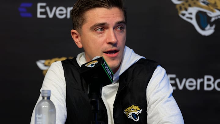 Jacksonville Jaguars general manager James Gladstone speaks during a press conference at the Miller Electric Center, Wednesday, Jan. 14, 2026, in Jacksonville, Fla. Jacksonville Jaguars general manager James Gladstone speaks during a press conference at the Miller Electric Center, Wednesday, Jan. 14, 2026, in Jacksonville, Fla.