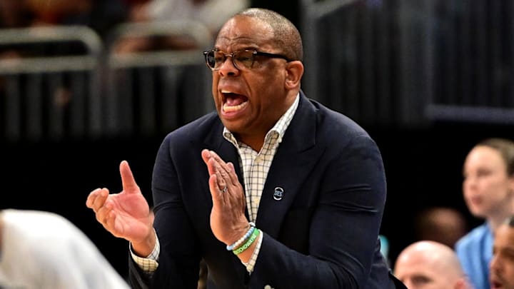Mar 21, 2025; Milwaukee, WI, USA; North Carolina Tar Heels head coach Hubert Davis during the first half of a first round NCAA men’s tournament game against the Mississippi Rebels at Fiserv Forum. Mandatory Credit: Benny Sieu-Imagn Images
