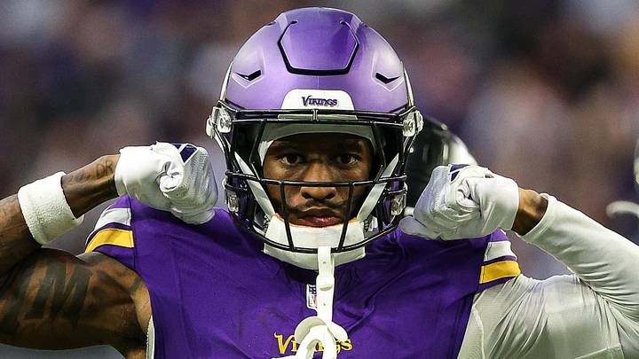 Dec 8, 2024; Minneapolis, Minnesota, USA; Minnesota Vikings wide receiver Jordan Addison (3) celebrates his catch against the Atlanta Falcons during the fourth quarter at U.S. Bank Stadium. Mandatory Credit: Matt Krohn-Imagn Images