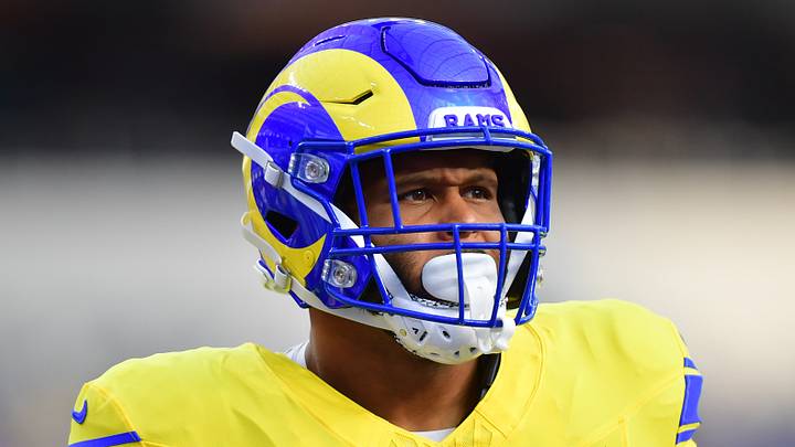 Sep 21, 2026; Inglewood, California, USA;  Los Angeles Rams defensive tackle Aaron Donald (99) before a game aNew York Giants at SoFi Stadium.  Mandatory Credit: Gary A. Vasquez-Imagn Images