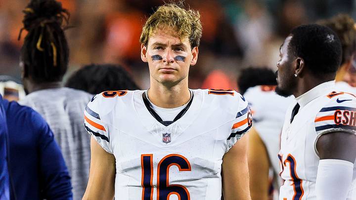 Aug 22, 2026; Cincinnati, Ohio, USA; Chicago Bears quarterback Miller Moss (16) stands on the sidelines during the second half in the game against the Cincinnati Bengals at Paycor Stadium. Mandatory Credit: Katie Stratman-Imagn Images
