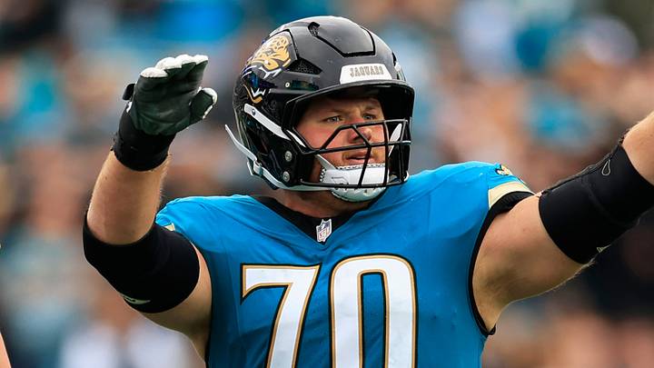 Jacksonville Jaguars offensive tackle Cole van Lanen (70) reacts to a stop during the fourth quarter of an NFL football matchup at EverBank Stadium, Sunday, Jan. 4, 2026, in Jacksonville, Fla. The Jaguars defeated the Titans 41-7, capturing the AFC South title. Jacksonville Jaguars offensive tackle Cole van Lanen (70) reacts to a stop during the fourth quarter of an NFL football matchup at EverBank Stadium, Sunday, Jan. 4, 2026, in Jacksonville, Fla. The Jaguars defeated the Titans 41-7, capturing the AFC South title.