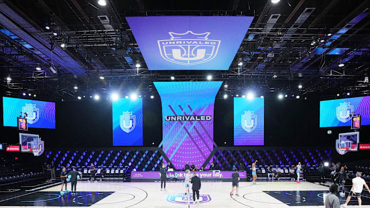 Jan 17, 2025; Miami, FL, USA;  Players warm-up before the game between the Mist and the Lunar Owls of the Unrivaled women’s professional 3v3 basketball league at Wayfair Arena. Mandatory Credit: Jim Rassol-Imagn Images