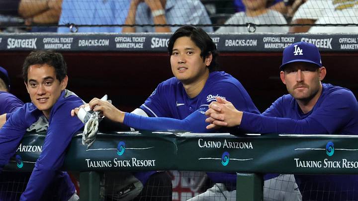 Los Angeles Dodgers translator Will Ireton (left) and designated hitter Shohei Ohtani (17) against the Arizona Diamondbacks at Chase Field on Aug. 9, 2026. Los Angeles Dodgers translator Will Ireton (left) and designated hitter Shohei Ohtani (17) against the Arizona Diamondbacks at Chase Field on Aug. 9, 2026.