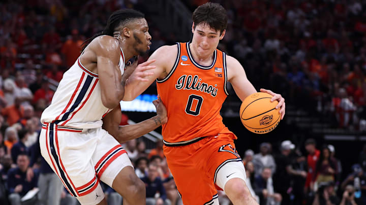 Mar 26, 2026; Houston, TX, USA; Illinois Fighting Illini forward David Mirkovic (0) dribbles the ball against the Houston Cougars in the first half during a Sweet Sixteen game of the South Regional of the men's 2026 NCAA Tournament at Toyota Center. Mandatory Credit: Troy Taormina-Imagn Images Mar 26, 2026; Houston, TX, USA; Illinois Fighting Illini forward David Mirkovic (0) dribbles the ball against the Houston Cougars in the first half during a Sweet Sixteen game of the South Regional of the men's 2026 NCAA Tournament at Toyota Center. Mandatory Credit: Troy Taormina-Imagn Images