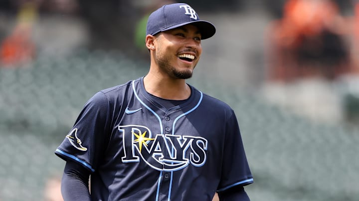 Jun 29, 2025; Baltimore, Maryland, USA; Tampa Bay Rays pitcher Taj Bradley (45) laughs during the fifth inning against the Baltimore Orioles at Oriole Park at Camden Yards. Mandatory Credit: Daniel Kucin Jr.-Imagn Images
