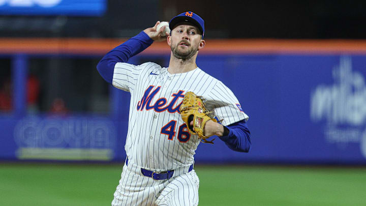Apr 17, 2025; New York City, New York, USA; New York Mets starting pitcher Griffin Canning (46) delivers a pitch during the fourth inning against the St. Louis Cardinals at Citi Field. Mandatory Credit: Vincent Carchietta-Imagn Images