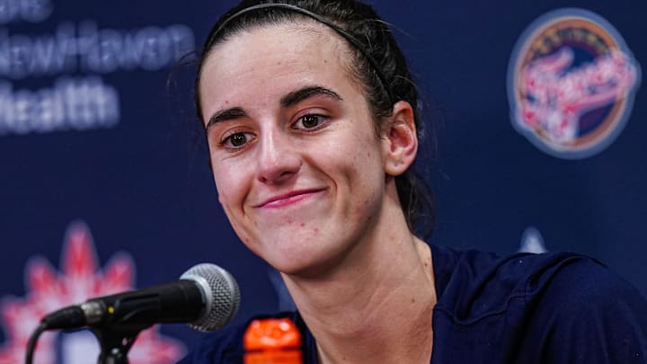 May 14, 2024; Uncasville, Connecticut, USA; Indiana Fever guard Caitlin Clark (22) talks to the media before the start of the game against the Connecticut Sun at Mohegan Sun Arena. Mandatory Credit: David Butler II-Imagn Images