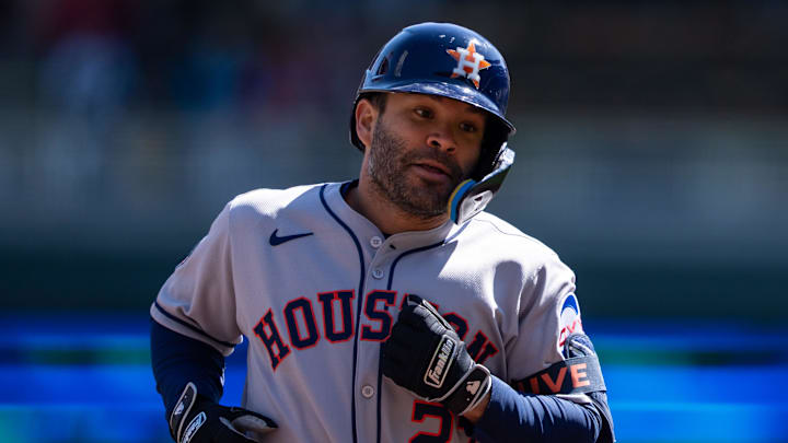 Apr 5, 2025; Minneapolis, Minnesota, USA; Houston Astros left fielder Jose Altuve (27) rounds the bases after hitting a solo home run during the first inning against the Minnesota Twins at Target Field. Apr 5, 2025; Minneapolis, Minnesota, USA; Houston Astros left fielder Jose Altuve (27) rounds the bases after hitting a solo home run during the first inning against the Minnesota Twins at Target Field.