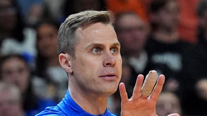 Mar 21, 2026; Greenville, SC, USA; Duke Blue Devils head coach Jon Scheyer reacts during the second half against the Texas Christian University Horned Frogs during a second round game of the men's 2026 NCAA Tournament at Bon Secours Wellness Arena. Mandatory Credit: Jim Dedmon-Imagn Images