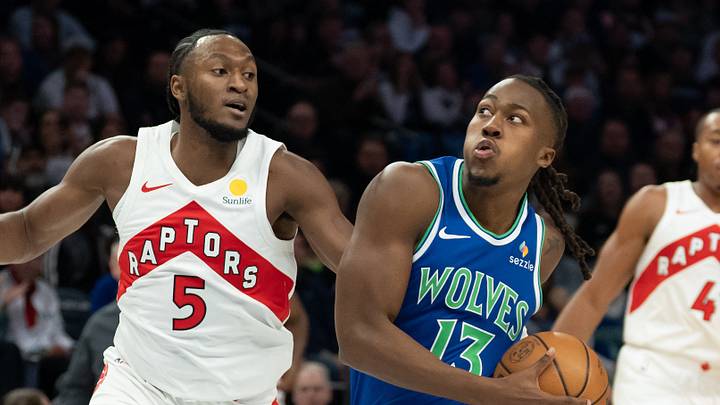 Oct 25, 2026; Minneapolis, Minnesota, USA; Minnesota Timberwolves guard Ayo Dosunmu (13) dribbles the ball past Toronto Raptors guard Immanuel Quickley (5) in the first half at Target Center. Mandatory Credit: Jesse Johnson-Imagn Images Oct 25, 2026; Minneapolis, Minnesota, USA; Minnesota Timberwolves guard Ayo Dosunmu (13) dribbles the ball past Toronto Raptors guard Immanuel Quickley (5) in the first half at Target Center. Mandatory Credit: Jesse Johnson-Imagn Images