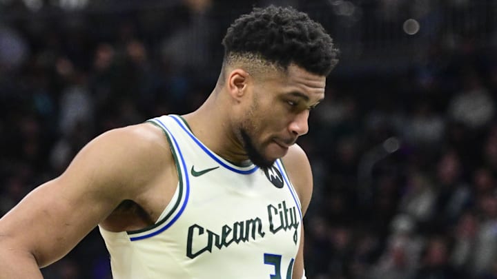 Jan 13, 2026; Milwaukee, Wisconsin, USA; Milwaukee Bucks forward Giannis Antetokounmpo (34) reacts in the second quarter against the Minnesota Timberwolves at Fiserv Forum. Mandatory Credit: Benny Sieu-Imagn Images