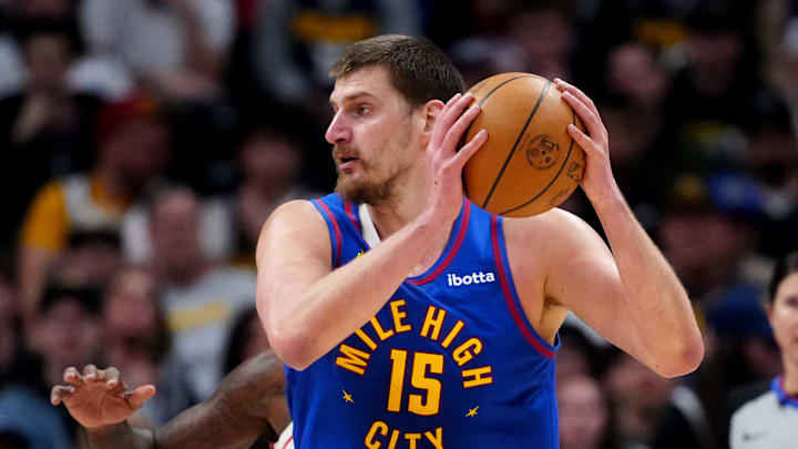 Mar 11, 2026; Denver, Colorado, USA; Denver Nuggets center Nikola Jokic (15) during the first quarter against the Houston Rockets at Ball Arena.