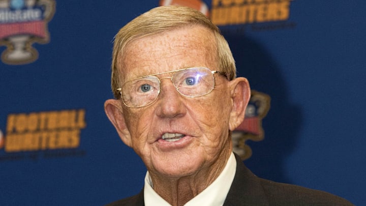 Jan 10, 2015; Arlington, TX, USA; Two-time Eddie Robinson Coach of the Year recipient Lou Holtz speaks during the Eddie Robinson Coach of the Year press conference at the Renaissance Hotel Dallas. Mandatory Credit: Tommy Gilligan-Imagn Images