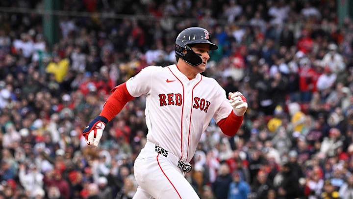 Apr 4, 2026; Foxborough, Massachusetts, USA; Boston Red Sox designated hitter Roman Anthony (19) runs to third base during the fifth inning against the San Diego Padres at Fenway Park. Mandatory Credit: Eric Canha-Imagn Images