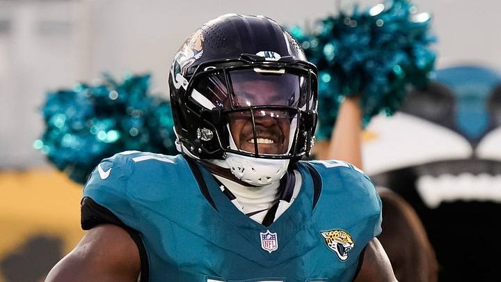 Jacksonville Jaguars linebacker Ventrell Miller (51) flexes as he is introduced at the start of the game against the Carolina Panthers at EverBank Stadium in the second preseason game on Friday night, August 21, 2026 in Jacksonville, Fla. [Doug Engle/Florida Times-Union]