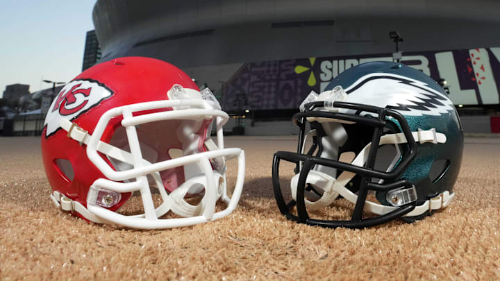 Feb 7, 2025; New Orleans, LA, USA; A general overall view of Kansas City Chiefs and Philadelphia Eagles helmets at the Caesars Superdome, the site of the Super Bowl LIX between the Kansas City Chiefs and the Philadelphia Eagles. Mandatory Credit: Kirby Lee-Imagn Images