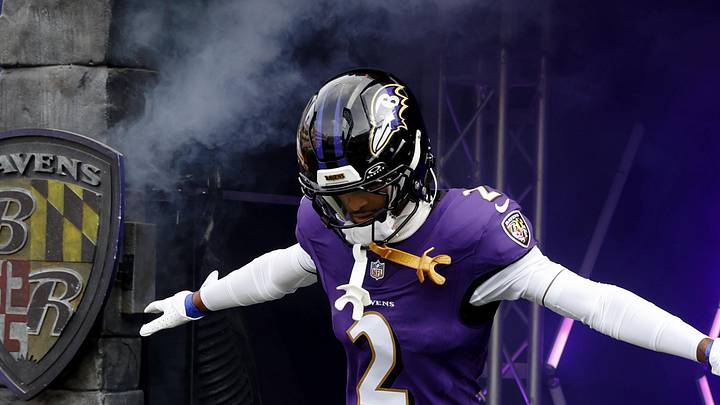 Dec 7, 2025; Baltimore, Maryland, USA; Baltimore Ravens cornerback Nate Wiggins (2) runs onto the field before the game against the Pittsburgh Steelers at M&T Bank Stadium. Mandatory Credit: Peter Casey-Imagn Images