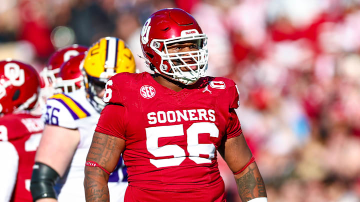 Nov 29, 2025; Norman, Oklahoma, USA; Oklahoma Sooners defensive lineman Gracen Halton (56) reacts during the first half against the Louisiana State Tigers at Gaylord Family-Oklahoma Memorial Stadium. Mandatory Credit: Kevin Jairaj-Imagn Images