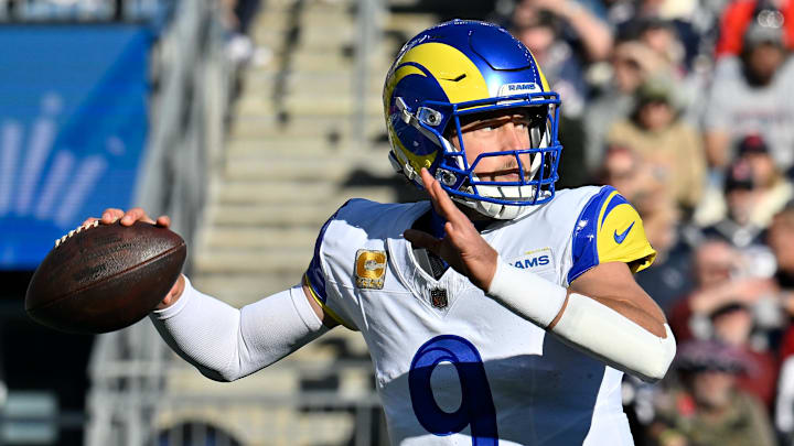 Nov 17, 2024; Foxborough, Massachusetts, USA; Los Angeles Rams quarterback Matthew Stafford (9) throws a pass during the first half against the New England Patriots at Gillette Stadium. Mandatory Credit: Eric Canha-Imagn Images Nov 17, 2024; Foxborough, Massachusetts, USA; Los Angeles Rams quarterback Matthew Stafford (9) throws a pass during the first half against the New England Patriots at Gillette Stadium. Mandatory Credit: Eric Canha-Imagn Images