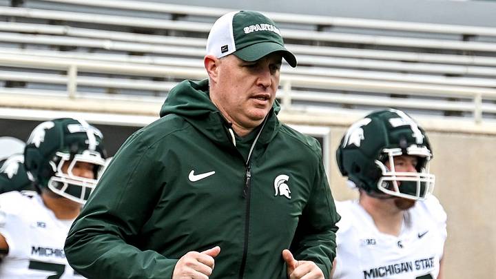 Michigan State's head coach Pat Fitzgerald and the Spartans takes the field during the football Spring Showcase on Saturday, April 18, 2026, at Spartan Stadium in East Lansing. Michigan State's head coach Pat Fitzgerald and the Spartans takes the field during the football Spring Showcase on Saturday, April 18, 2026, at Spartan Stadium in East Lansing.