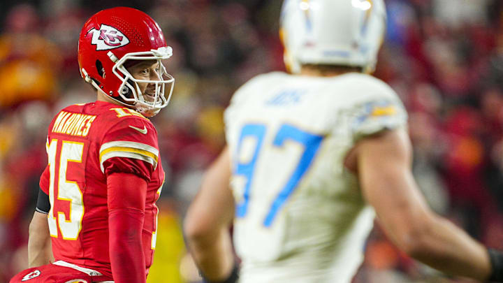 Kansas City Chiefs quarterback Patrick Mahomes (15) reacts after a first down during the second half against the Los Angeles Chargers at GEHA Field at Arrowhead Stadium.