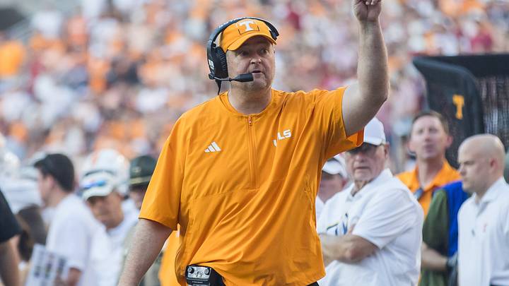 Oct 10, 2026; Fayetteville, Arkansas, USA;  Tennessee Volunteers head coach Josh Heupel signals to a referee during the fourth quarter in the game against the Arkansas Razorbacks at Donald W. Reynolds Razorback Stadium.  Mandatory Credit: Brett Rojo-Imagn Images