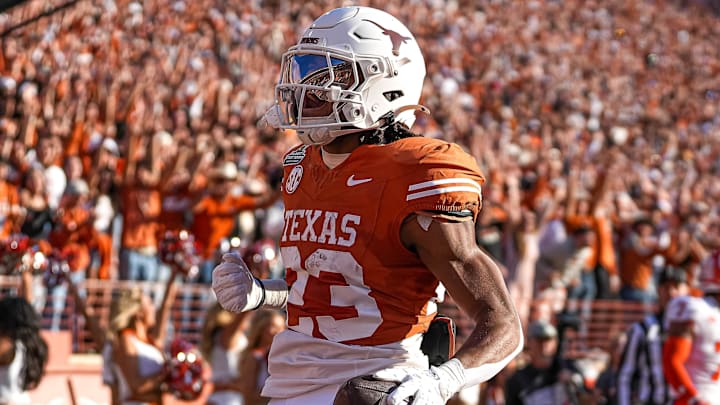Texas Longhorns running back Jaydon Blue (23) celebrates a touchdown during the game against Clemson in the first round of the College Football Playoffs at Darrell K Royal-Texas Memorial Stadium on Saturday, Dec. 21, 2024.