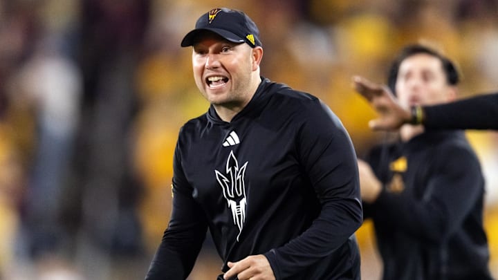 Nov 28, 2025; Tempe, Arizona, USA; Arizona State Sun Devils head coach Kenny Dillingham reacts against the Arizona Wildcats in the second half during the 99th Territorial Cup at Mountain America Stadium. Mandatory Credit: Mark J. Rebilas-Imagn Images Nov 28, 2025; Tempe, Arizona, USA; Arizona State Sun Devils head coach Kenny Dillingham reacts against the Arizona Wildcats in the second half during the 99th Territorial Cup at Mountain America Stadium. Mandatory Credit: Mark J. Rebilas-Imagn Images