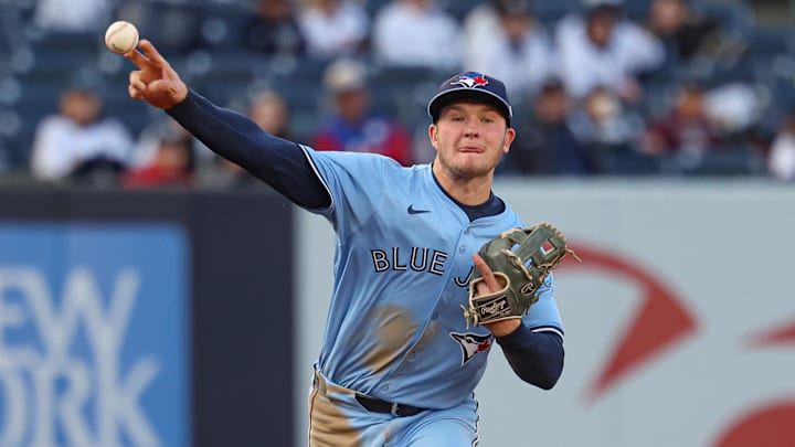 Apr 27, 2025; Bronx, New York, USA; Toronto Blue Jays third baseman Will Wagner (7) throws the ball to first base for an out during the seventh inning against the New York Yankees at Yankee Stadium. Apr 27, 2025; Bronx, New York, USA; Toronto Blue Jays third baseman Will Wagner (7) throws the ball to first base for an out during the seventh inning against the New York Yankees at Yankee Stadium.