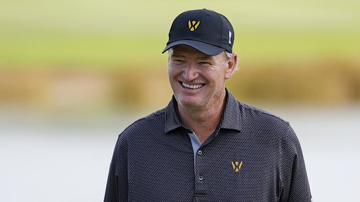 Dec 9, 2023; Bradenton, Florida, USA; Team International s captain, Ernie Els reacts after sinking