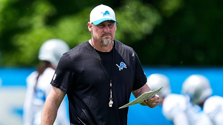 Detroit Lions head coach Dan Campbell watches practices during OTA at team's Performance Center in Allen Park Detroit Lions head coach Dan Campbell watches practices during OTA at team's Performance Center in Allen Park