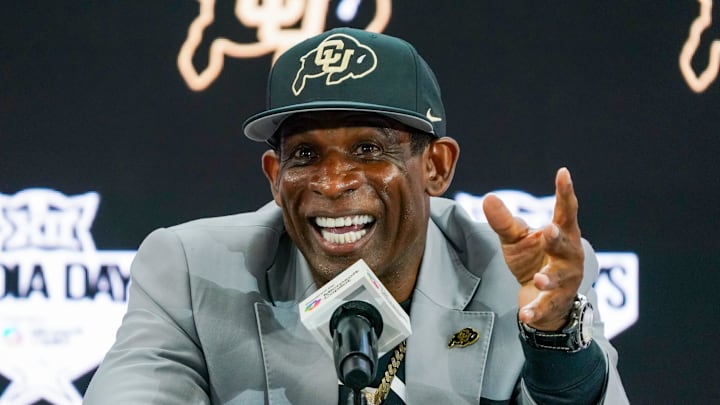 Jul 9, 2025; Frisco, TX, USA; Colorado head coach Deion Sanders speaks with the media during 2025 Big 12 Football Media Days at The Star. Mandatory Credit: Raymond Carlin III-Imagn Images