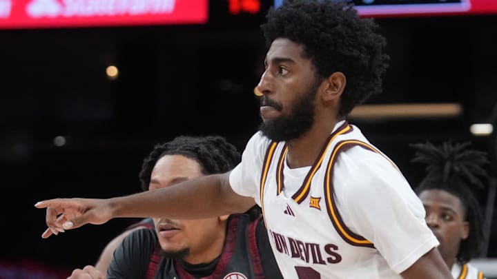ASU Sun Devils guard Moe Odum (5) drives into the lane against the Oklahoma Sooners at Mortgage Matchup Center on Dec. 6, 2025, in Phoenix, Arizona.