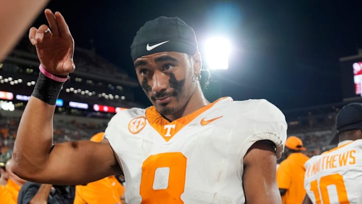 Tennessee Volunteers quarterback Nico Iamaleava (8) celebrates after a college football game between the University of Oklahoma Sooners (OU) and the Tennessee Volunteers at Gaylord Family - Oklahoma Memorial Stadium in Norman, Okla., Saturday, Sept. 21, 2024.