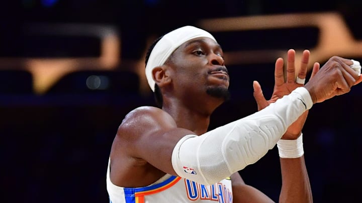 April 7, 2026; Los Angeles, California, USA; Oklahoma City Thunder guard Shai Gilgeous-Alexander (2) reacts after scoring three point basket against the Los Angeles Lakers during the second half at Crypto.com Arena. Mandatory Credit: Gary A. Vasquez-Imagn Images